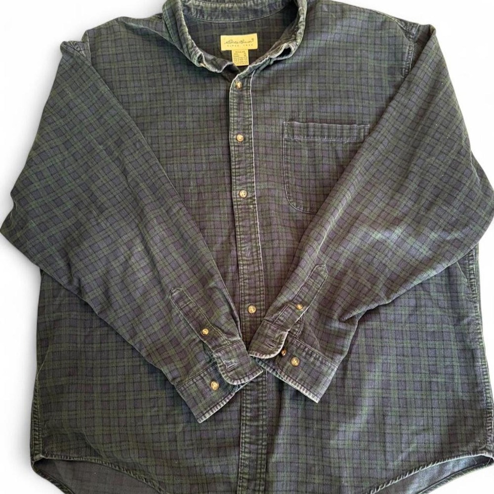 Eddie Bauer Vintage Blue/Green Plaid corduroy Button Up Shirt XL